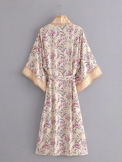 Elegant Boho Floral Print Tie-Waist Kimono Robe