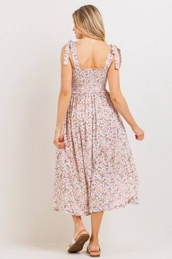 Floral Smocked Tie-Strap Maternity Midi Dress