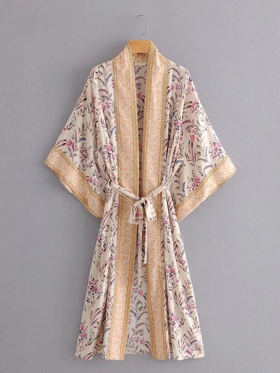 Elegant Boho Floral Print Tie-Waist Kimono Robe
