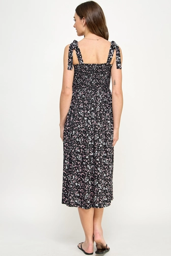 Floral Smocked Tie-Strap Maternity Midi Dress