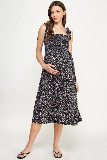 Floral Smocked Tie-Strap Maternity Midi Dress