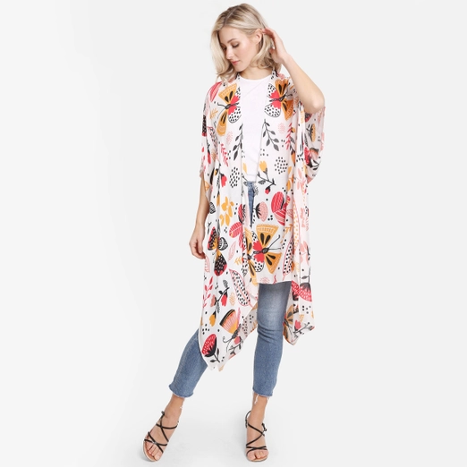 Butterfly and Floral Pattern Print Summer Kimono