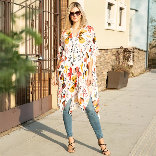Butterfly and Floral Pattern Print Summer Kimono