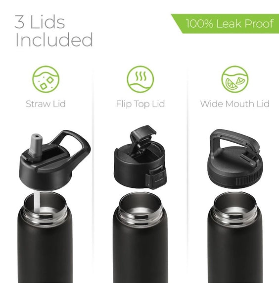 Insulated Water Bottle, 25 oz. with Three Lids