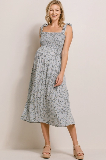 Floral Smocked Tie-Strap Maternity Midi Dress