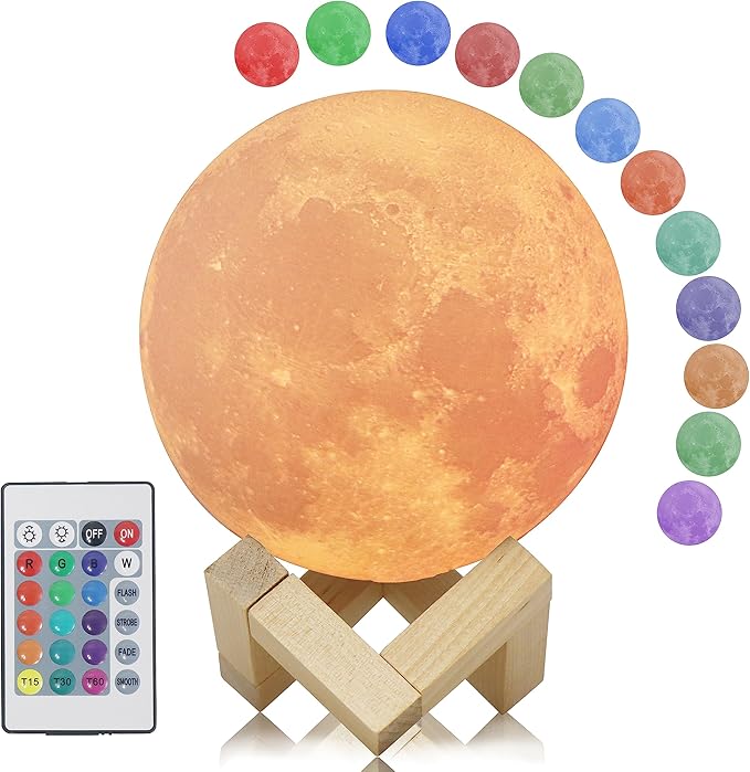 LED Night Light 3D Printing Moon Light 12CM Battery Powered With Bracket Starry Light 7 Colors Bedroom Set