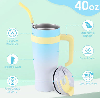 Ochapa 40 Oz Tumbler With Handle Straw Lid Insulated Vacuum Stainless Steel Travel Tapered Mug Gift Coffee Cup Holder Friendly Keep Cold Or Hot Sweat Proof Resuable