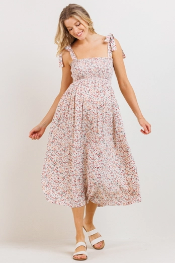 Floral Smocked Tie-Strap Maternity Midi Dress