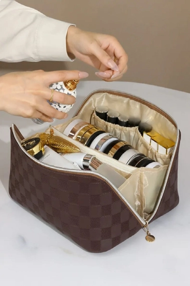 Vegan Leather Checkered Makeup Bag