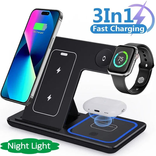 Fast Wireless Charger Stand 15W 3 In 1 LED  For Smart Phone 15 14 13 12 11 IWatch 9 8 7 6 5 Airpods Pro