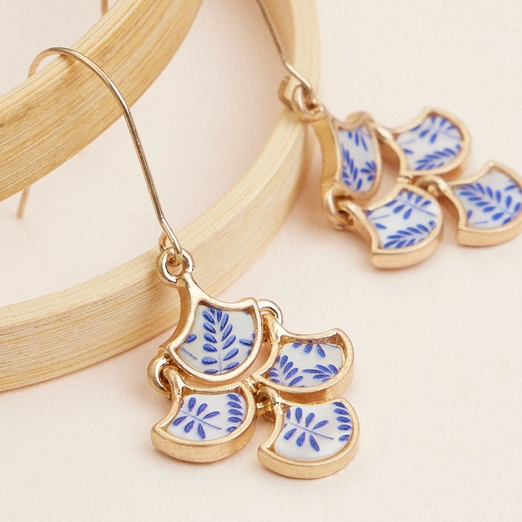 Boho-Chic Gold & Blue Mother of Pearl Floral Earrings