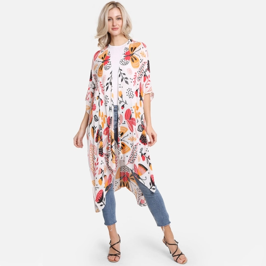 Butterfly and Floral Pattern Print Summer Kimono